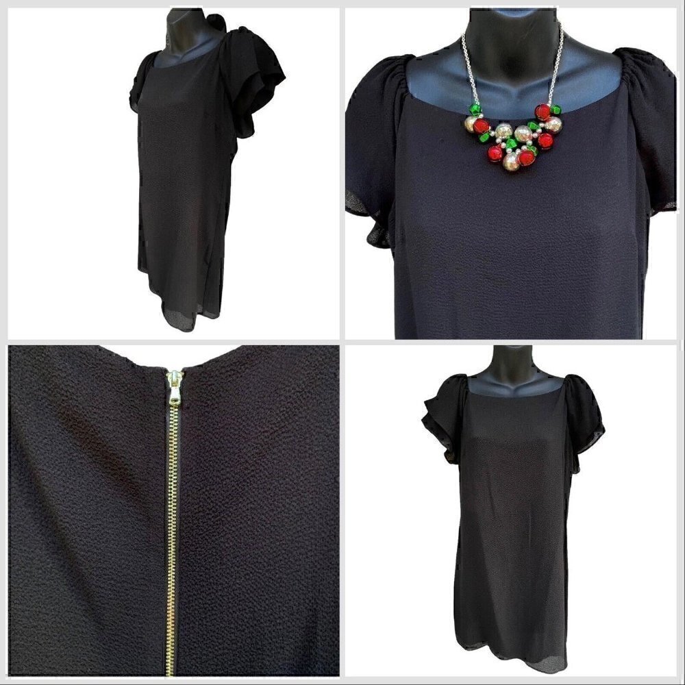 Betsey Johnson Black Sheath Flutter Short Sleeve Knee Length Dress Women’s 6